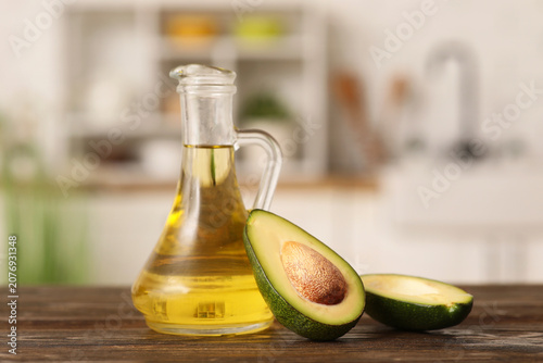 Jug of fresh avocado oil on...