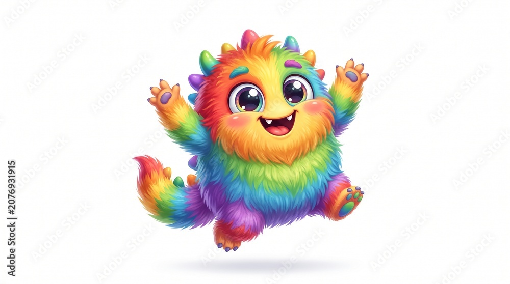 Naklejka premium Cute Rainbow Fluffy Monster Cartoon Character Jumping with Happy Expression