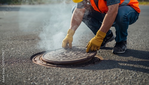 Construction worker opening smoking metal manhole cover on paved road