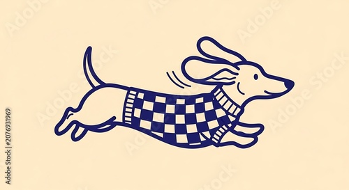 Cute running dachshund dog wearing a checkered sweater with dachshund, checkered