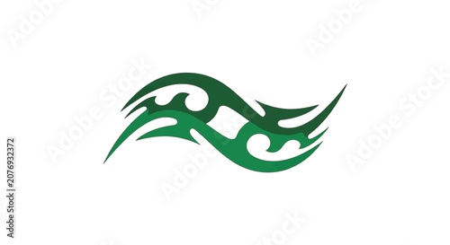 Tribal green flame insignia with wavy abstract patterns and sharp pointed edges, stylized vector wave graphic isolated on white background, decorative emerald fluid design element.