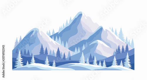 Vector illustration of a snowy mountain range featuring alpine peaks, snow-covered pine trees, and a winter wilderness landscape in shades of blue and white.