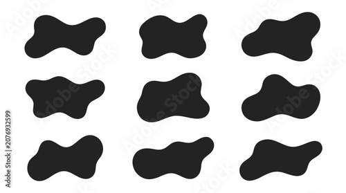 Set of nine solid black amorphous fluid patches and organic blob shapes isolated on a clean white background for modern graphic design, minimalist layout elements, and abstract art projects.