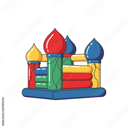 Colorful 2D cartoon inflatable bouncy castle with multi-colored towers and onion domes on a white background. Isolated vector illustration for kids' party and event themes.