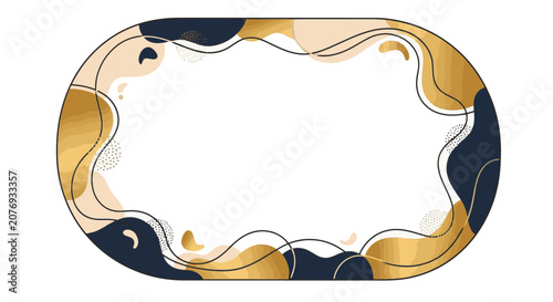 Abstract Rounded Rectangular Border featuring Gold and Navy Blue Fluid Shapes, Organic Wavy Lines, and Dotted Texture Elements on a Plain White Background for Luxury Graphic Design.