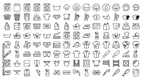 Laundry care and washing instruction symbols line icon collection with wash care, laundry service