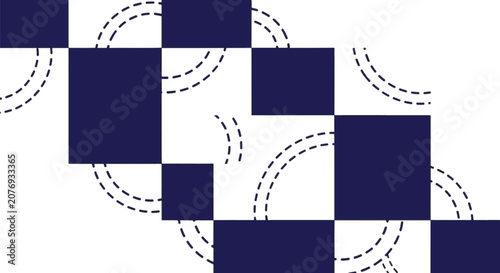 Abstract geometric pattern featuring staggered deep navy blue squares and concentric dashed circular arcs on a white background. Modern minimalist vector design with clean lines and contrast.
