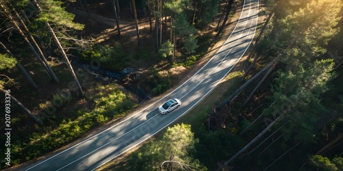 Abstract aerial landscape with car driving along winding road surrounded by vibrant forest trees in modern nature vector artwork