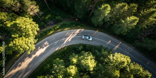 Top view of curved highway through dense green forest with traveling car forming abstract nature transportation background design