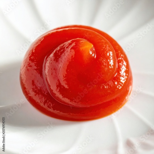 Swirl of thick red tomato ketchup on a white plate, closeup food photography of savory condiment, perfect for culinary and recipe backgrounds