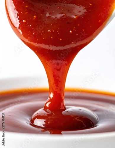 Thick red barbecue sauce pouring from a spoon into a bowl, smooth glossy texture, food photography, cooking ingredients, savory condiment
