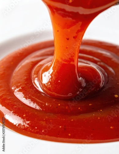 Thick red spicy chili sauce pouring in a smooth stream, perfect for culinary food photography, condiments, dipping, seasonings, savory flavor