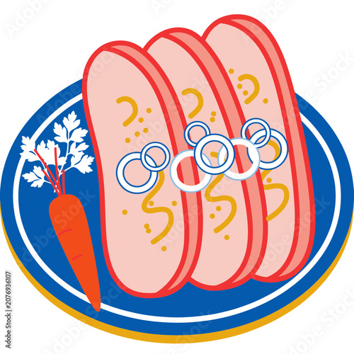 Flat cartoon illustration of ham and carrot on plate