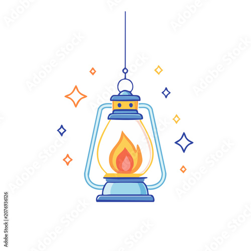 Flat illustration of a hanging oil lamp with flame