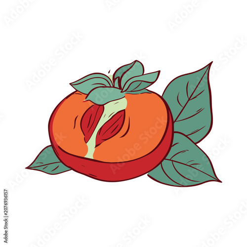 Flat illustration of a sliced peach with leaves