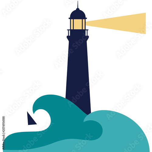 Flat vector illustration of a lighthouse with light beam and waves