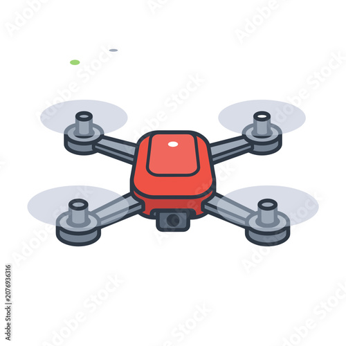 Red quadcopter drone with camera top view vector