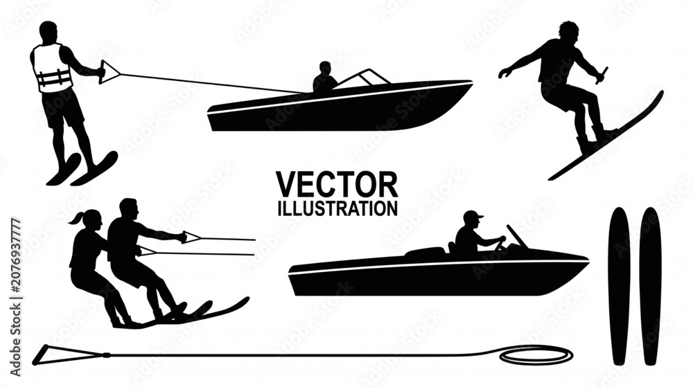 Fototapeta premium Water skiing and wakeboarding silhouettes vector illustration set, speedboat towing skiers, summer extreme water sports icons isolated on white background.