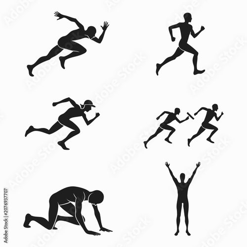  Black and white athletic running poses vector icons