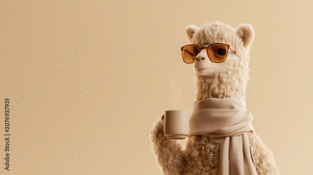 Fototapeta premium Stylish Alpaca Wearing Amber Sunglasses Holding Hot Coffee Mug with Cozy Winter Copy Space Background