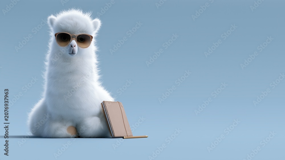 Fototapeta premium Cute White Alpaca Wearing Sunglasses with Notebook and Pencil on Blue Copy Space Background