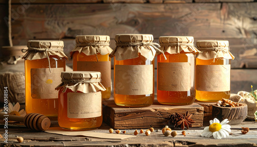 Honey jars displayed on wooden surface with natural lighting and copy space