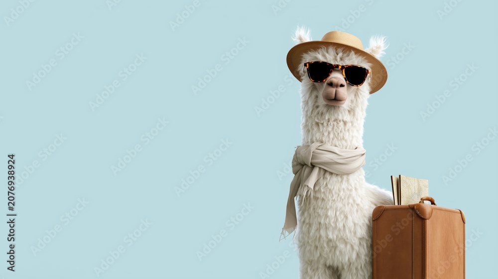 Fototapeta premium Luxury Travel Alpaca Wearing Straw Hat and Sunglasses with Vintage Suitcase on Blue Copy Space Background