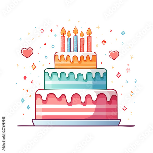 Colorful birthday cake with candles and confetti
