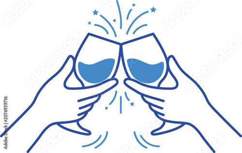 Hands toasting with wine glasses and celebratory blue sparkles vector outline illustration