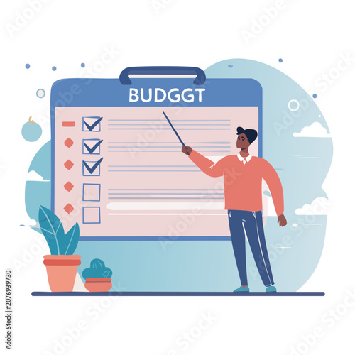 Man presenting budget checklist in flat vector illustration