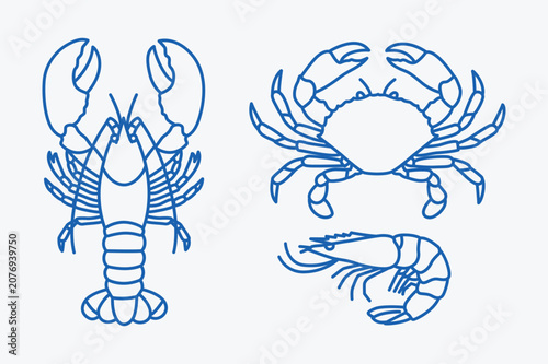 Seafood line art vector icons set of lobster crab and shrimp for restaurant and fish market menu