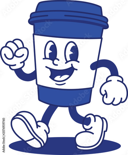 Retro cartoon walking coffee cup mascot vintage rubber hose style design vector illustration