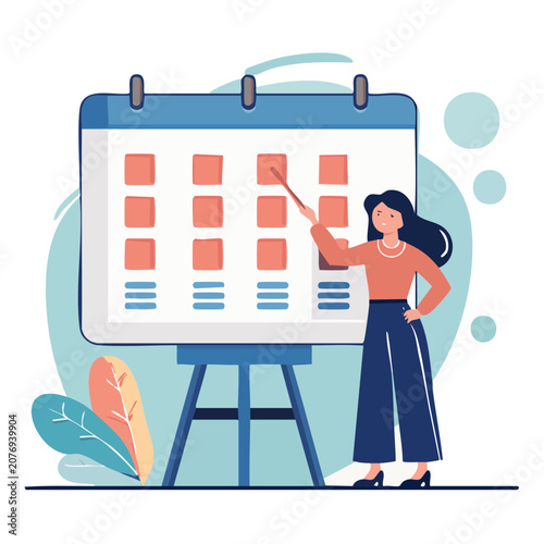 Woman pointing at calendar on easel in flat illustration style
