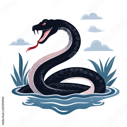 Black snake illustration with water and plants