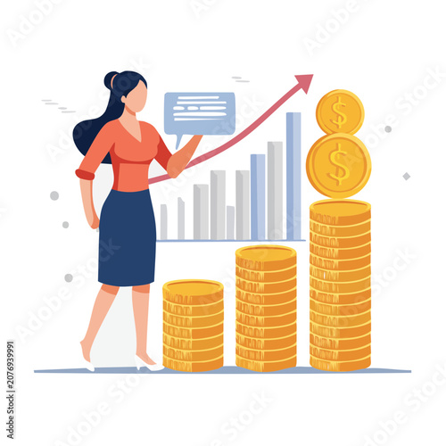 Businesswoman with coins and growth chart illustration