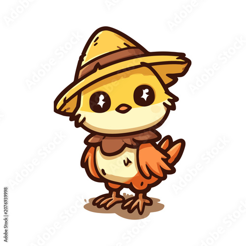 Cartoon Chicken in Straw Hat Vector Illustration