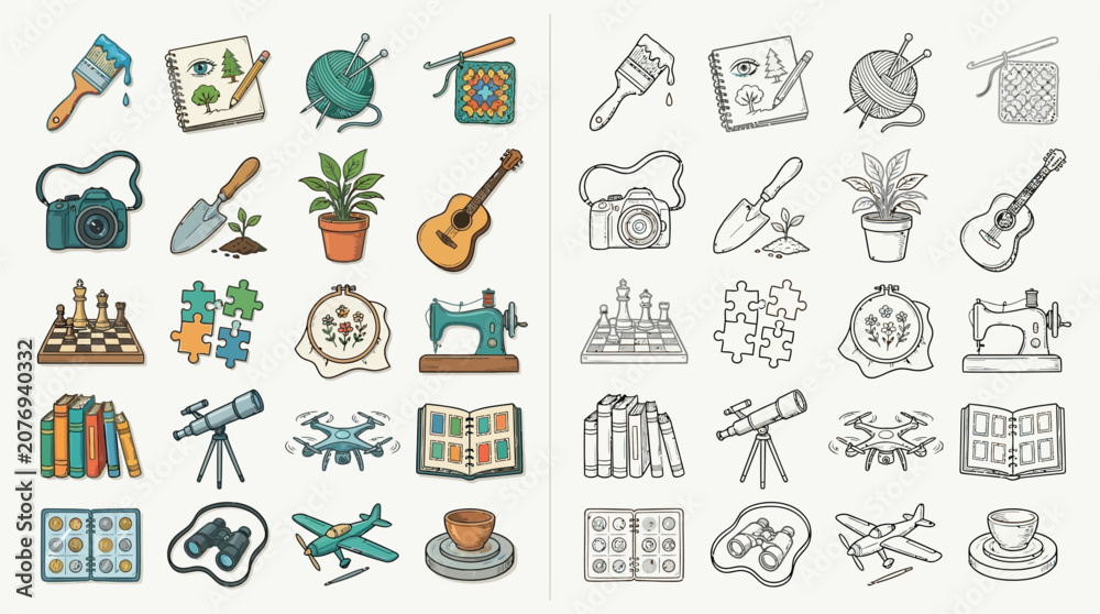 Fototapeta premium Collection of hand-drawn icons representing various hobbies and leisure activities, including crafting, music, and outdoor pursuits.