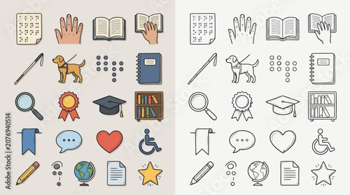Fotografía Collection of icons representing education, learning, and accessibility for visually impaired individuals