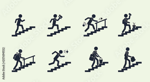 Vector set of black stick figure pictograms showing people climbing stairs with bags, cameras, and buckets; includes individuals running, tripping, and using handrails for safety.