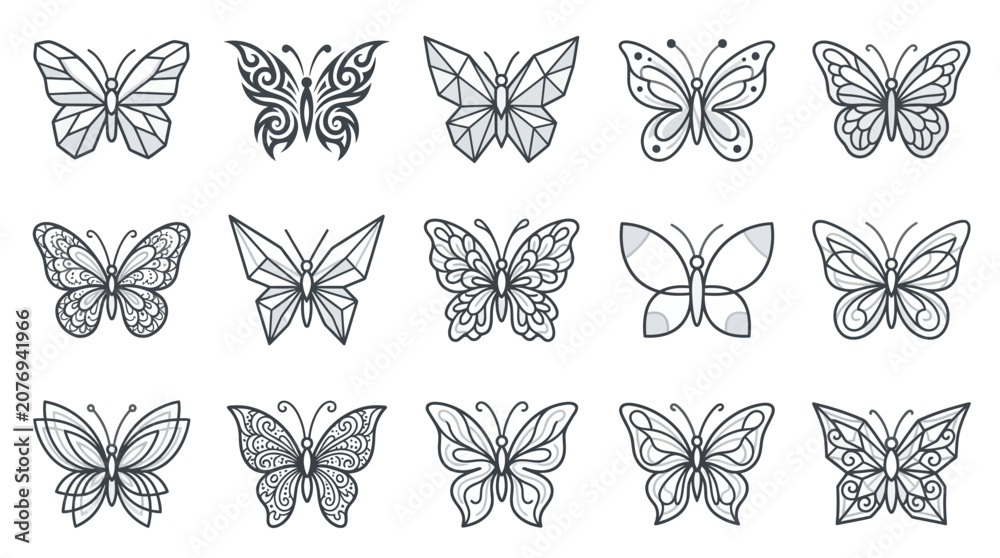 Fototapeta premium Collection of fifteen decorative butterfly line art icons.