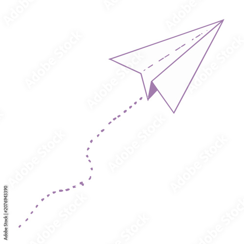 Purple paper airplane with dotted flight path vector