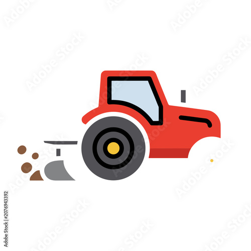 Red tractor with plow flat vector icon