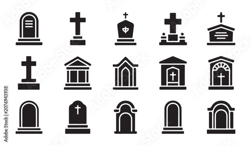 Fotografie Various gravestone and mausoleum solid black icons for cemetery memorial funeral design
