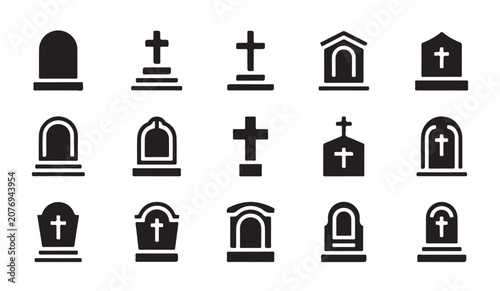 Valokuva Set of black graveyard gravestone silhouette icons on white background for funeral themes