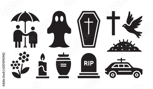Fényképezés Funeral icon set featuring coffin urn grave and religious symbols for memorial services