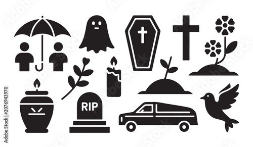 Foto Funeral and mourning icons set featuring gravestone coffin hearse and religious symbols