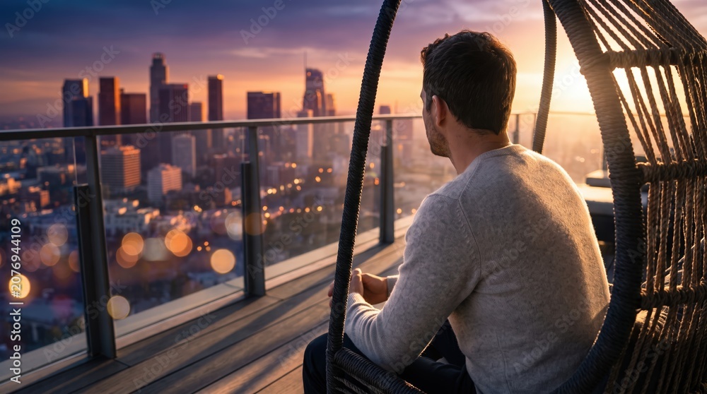 Fototapeta premium Man Sitting in Hanging Egg Chair on Rooftop Balcony Looking at City Skyline at Sunset for Urban Real Estate and Luxury Lifestyle