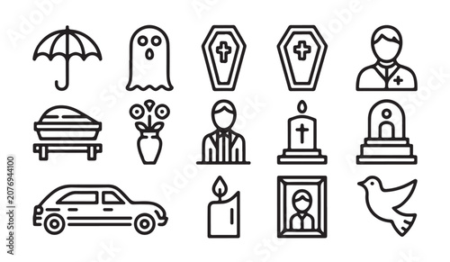 Photography Burial service line icons set for funeral planning and ceremony including coffin and car