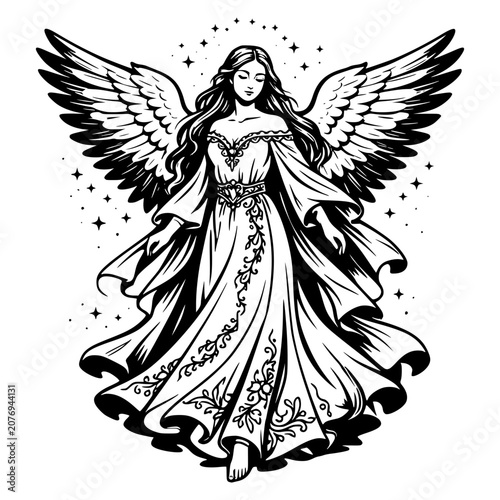 Angel of Light: A stunning black and white illustration depicts an angelic figure with large, spread wings, flowing gown adorned with intricate patterns, and a serene expression.