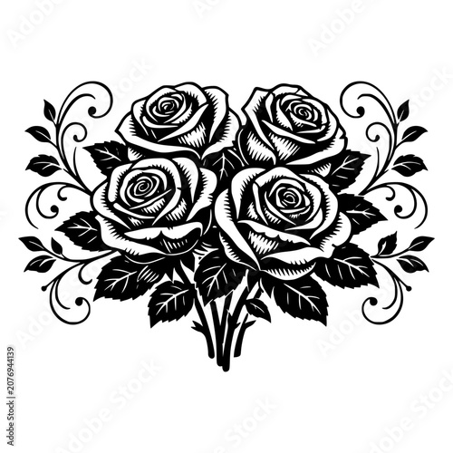 Monochromatic Rose Bouquet: A striking, stylized illustration of a bouquet of four roses, rendered in black and white with elegant swirling vine accents.